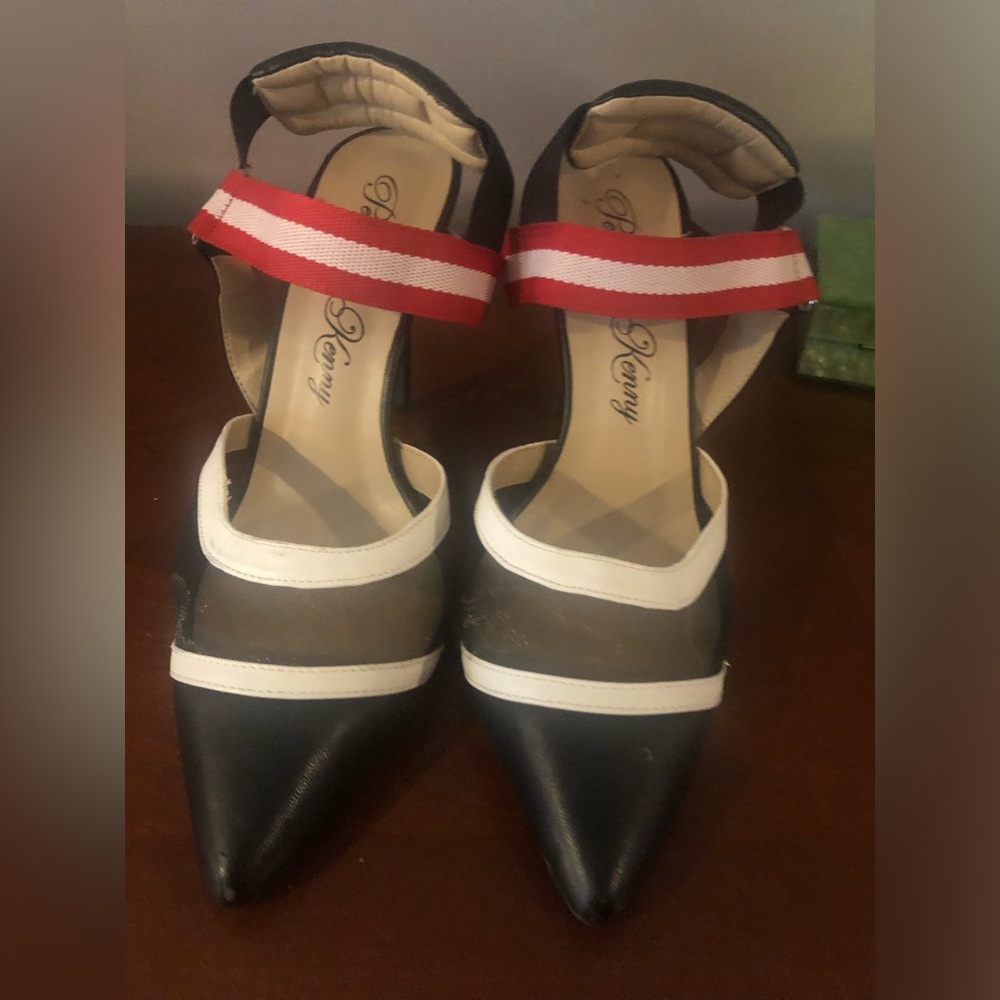 Penny Loves Kenny Black and White Pointed Toe Heels with Red Striped Ankle Strap - Picture 7 of 8